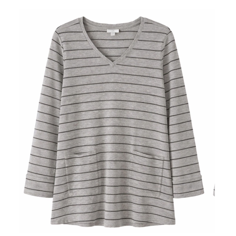 J. Jill‎ Grey Striped Ribbed Knit V-Neck Tunic Top with Pockets Womens Large